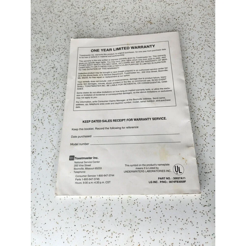 Toastmaster Bread Machine Use & Care Recipe Book OEM Replacement For Model 1196